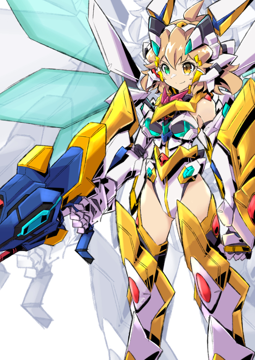 1girl, bangs, boots, breasts, brown_hair, clenched_hand, code_geass, cosplay, elbow_gloves, energy_wings, gloves, green_eyes, gun, heterochromia, highres, holding, holding_gun, holding_weapon, lancelot_(code_geass), lancelot_albion, lancelot_albion_(cosplay), leotard, mecha_musume, medium_breasts, metal_boots, metal_gloves, mutsuki_riichi, orange_eyes, senki_zesshou_symphogear, smile, solo, tachibana_hibiki_(symphogear), thigh-highs, thigh_boots, v-shaped_eyebrows, weapon, white_leotard