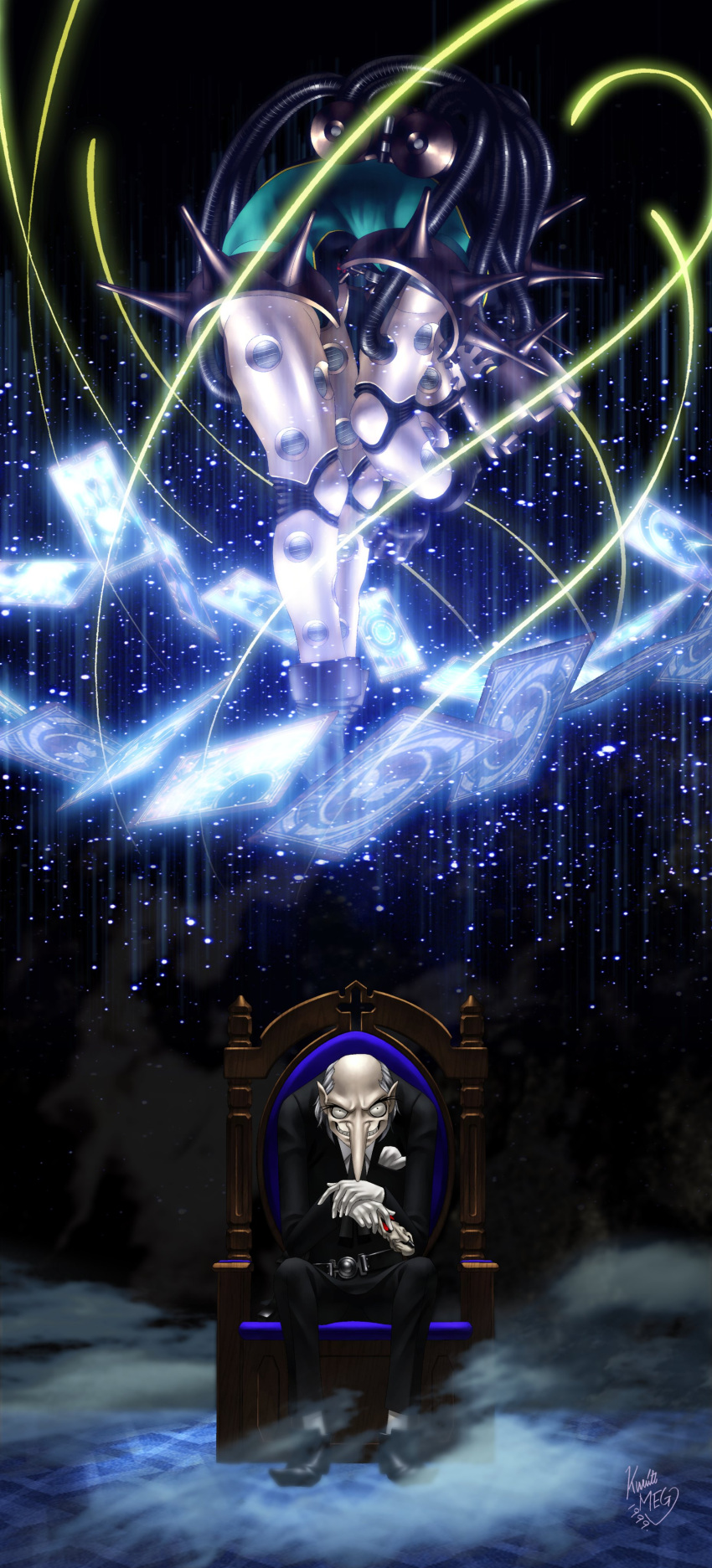 1boy, absurdres, bald, card, chair, fog, formal, gloves