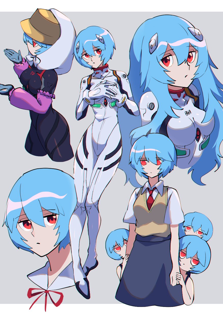 1girl, ayanami_rei, bangs, black_bodysuit, blue_hair, bodysuit, breasts, clone