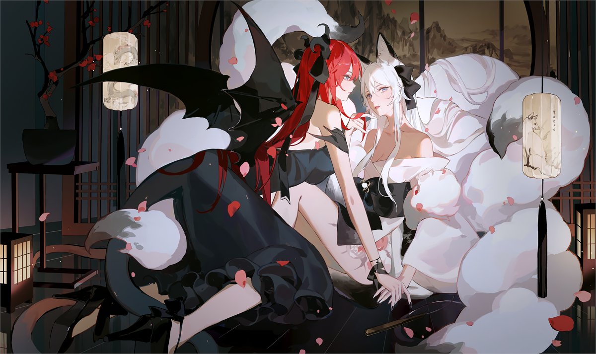 2girls, animal_ears, atelier_live, black_dress, blue_eyes, chai_(vtuber), dragon_tail, dragon_wings, dress, english_commentary, fox_ears, fox_girl, fox_tail, hair_between_eyes, head_tilt, japanese_clothes, kimono, kuzuryu_io, looking_at_viewer, low_wings, mole, mole_under_mouth, multiple_girls, multiple_tails, obi, off-shoulder_kimono, redhead, sash, smile, tail, virtual_youtuber, white_hair, white_kimono, wings, yueko_(jiayue_wu), yuri