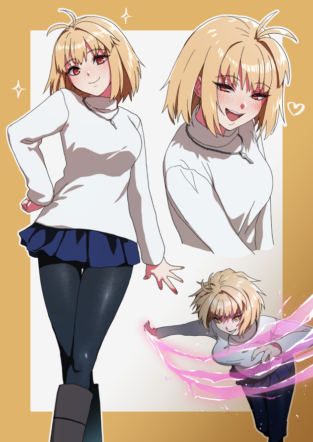 1girl, :d, antenna_hair, arcueid_brunestud, attack, bangs, black_legwear, blonde_hair