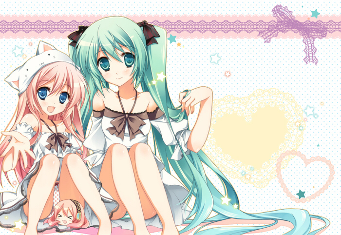 >_<, animal_hat, aqua_eyes, aqua_hair, bad_id, blue_eyes, bow, duplicate