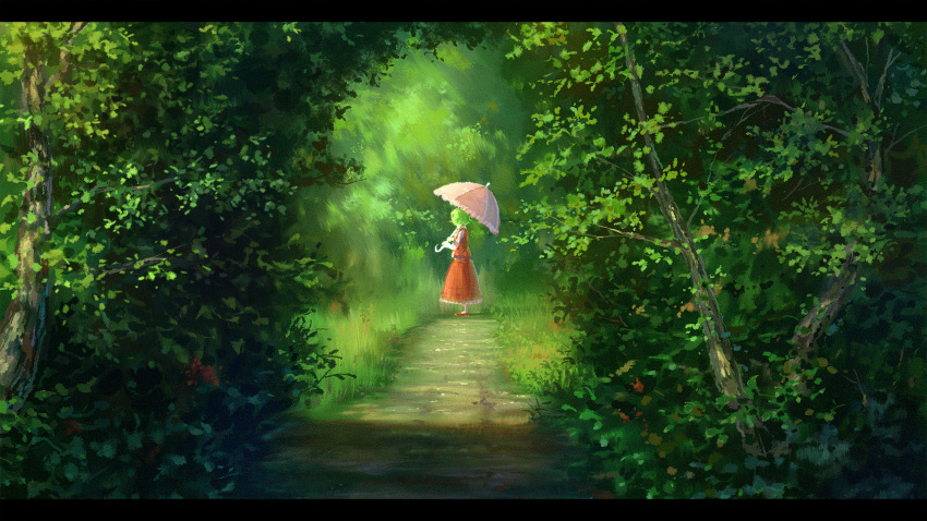 1girl, commentary_request, day, flower, forest, frilled_skirt, frills, full_body