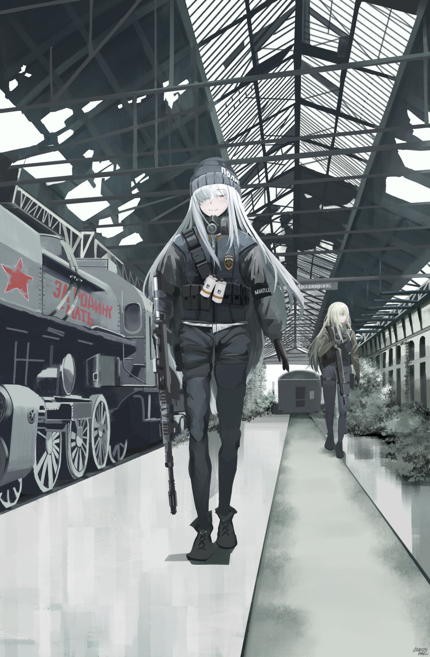 2girls, absurdres, ak-12, ak-12_(girls'_frontline), an-94, an-94_(girls'_frontline), assault_rifle, closed_eyes, explosive, gas_grenade, girls_frontline, green_eyes, grenade, gun, highres, holding, holding_gun, holding_weapon, kalashnikov_rifle, kanoe_(kanoe502), locomotive, multiple_girls, rifle, russian_text, walking, weapon, white_hair