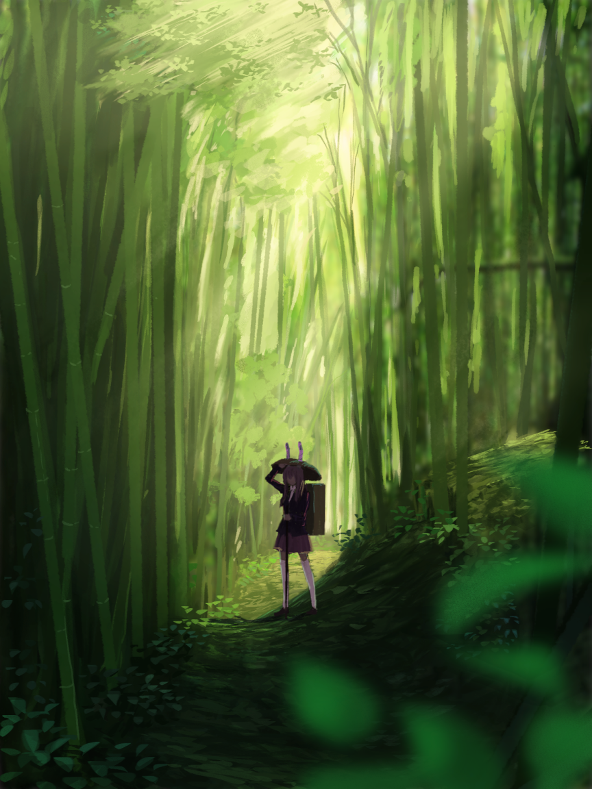 1girl, animal_ears, backpack, bag, bamboo, bamboo_forest, black_jacket, blazer