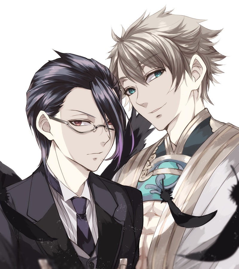 2boys, aladdin_(sinoalice), aqua_eyes, arabian_clothes, armor, black_hair, black_wings, blonde_hair