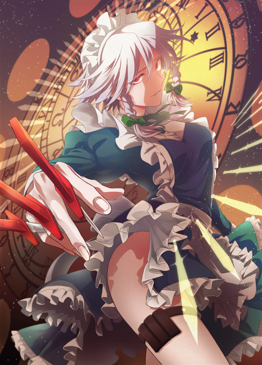 1girl, apron, bangs, between_fingers, braid, breasts, clock, collared_shirt
