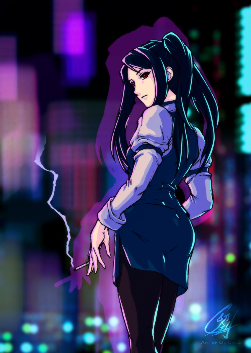 1girl, artist_name, bangs, bartender, cigarette, cowboy_shot, cyberpunk, english_commentary, expressionless, highres, holding, holding_cigarette, jill_stingray, long_hair, long_sleeves, looking_at_viewer, looking_to_the_side, onichild, pantyhose, purple_hair, red_eyes, shirt, sidelocks, skirt, smoke, solo, standing, swept_bangs, twintails, va-11_hall-a, vest, white_shirt