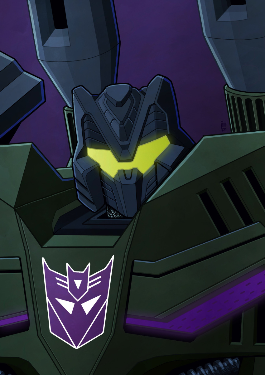 absurdres, brawl_(transformers), character_request, decepticon, glowing, highres, insignia, jim_stafford, looking_at_viewer, mecha, no_humans, portrait, purple_background, solo, transformers, transformers:_fall_of_cybertron, visor