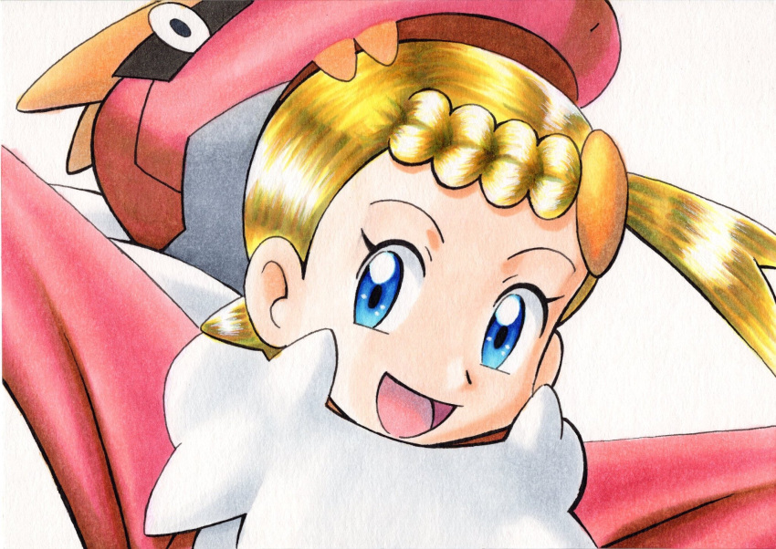1girl, :d, blonde_hair, blue_eyes, bonnie_(pokemon), braid, commentary_request, cosplay