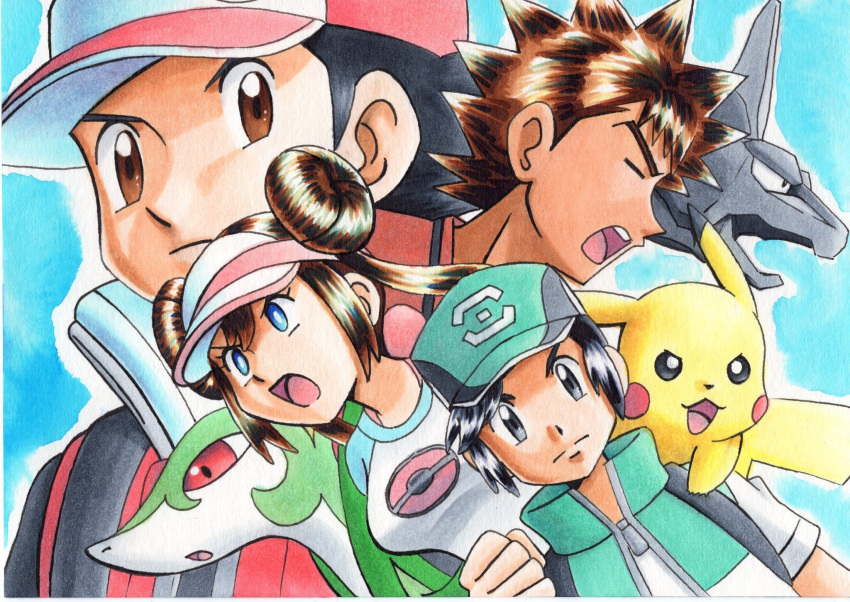 1girl, 3boys, bangs, baseball_cap, black_hair, black_shirt, blue_background, blue_eyes