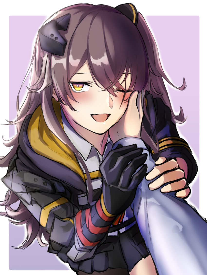 1girl, 3_small_spiders, absurdres, black_jacket, black_skirt, blush, brown_hair, girls_frontline