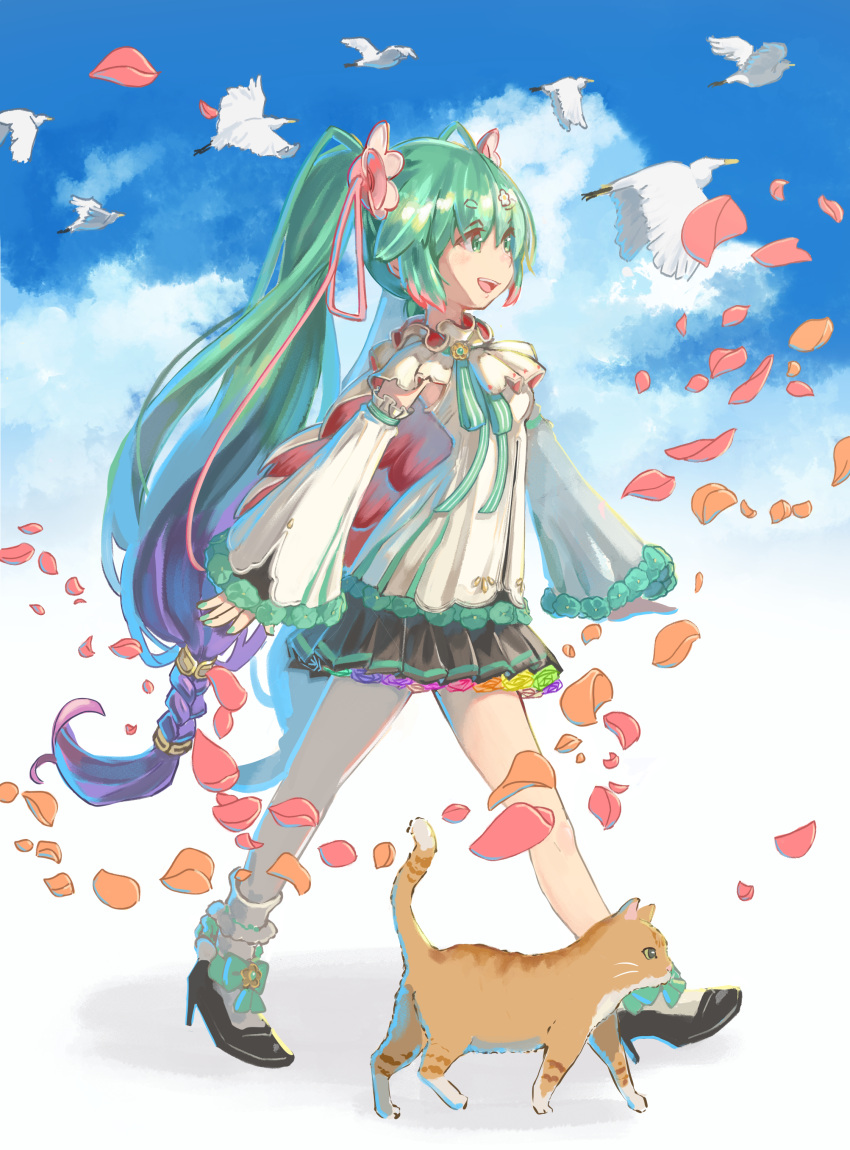 1girl, absurdres, aqua_eyes, aqua_flower, aqua_hair, aqua_neckwear, bird, black_skirt, blue_flower, cape, cat, commentary, detached_sleeves, falling_petals, flower, from_side, full_body, green_flower, hair_flower, hair_ornament, hair_ribbon, hatsune_creation_myth_(vocaloid), hatsune_miku, high_heels, highres, long_hair, magical_mirai_(vocaloid), medallion, miniskirt, neck_ribbon, open_mouth, orange_flower, petals, pleated_skirt, propellerwalker, purple_flower, red_flower, ribbon, shirt, skirt, sleeveless, sleeveless_shirt, smile, twintails, very_long_hair, vocaloid, walking, white_bird, white_flower, white_shirt, white_sleeves, yellow_flower