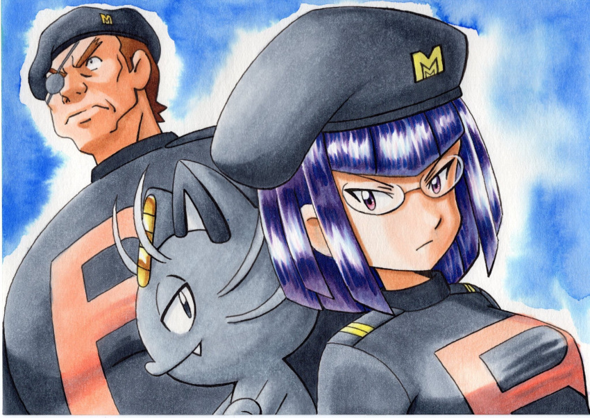 1boy, 1girl, alolan_form, alolan_meowth, bangs, black_headwear, black_jacket, blunt_bangs