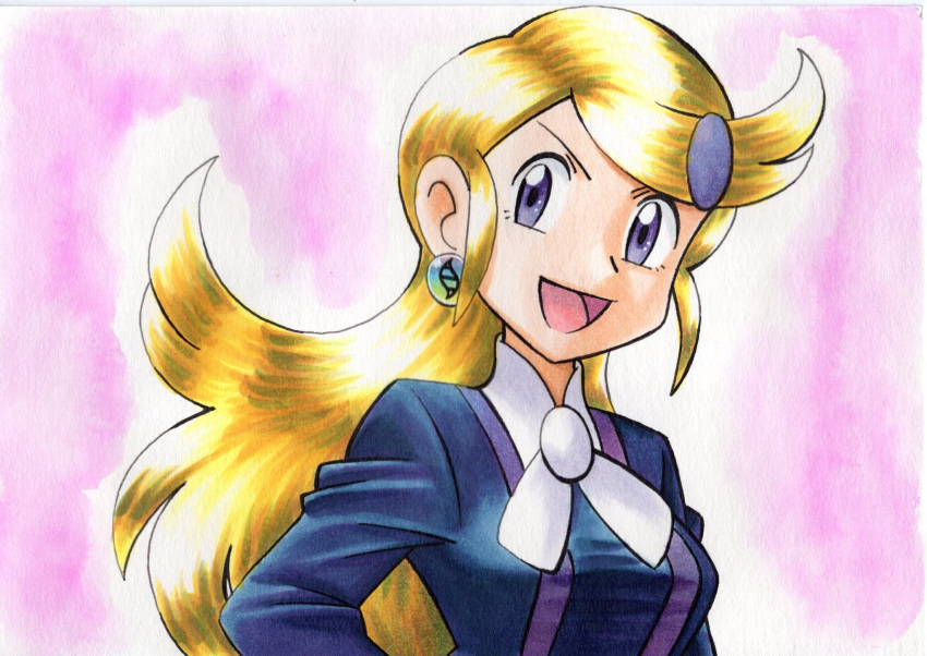 1girl, :d, astrid_(pokemon), bangs, black_jacket, blonde_hair, commentary, earrings
