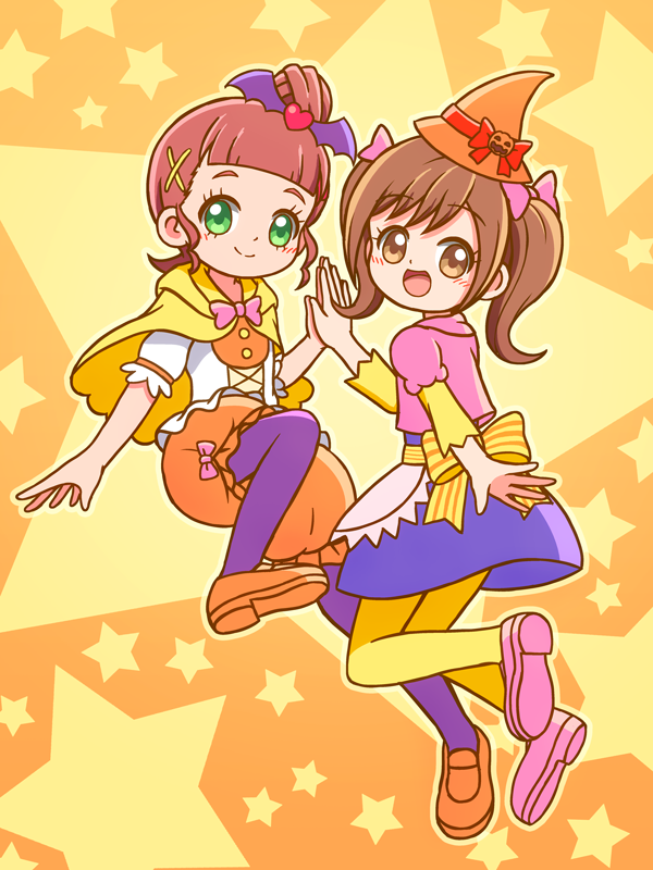2girls, green_eyes, halloween, kamisama_minarai:_himitsu_no_cocotama, kato-shun, multiple_girls, palms_together, purple_legwear