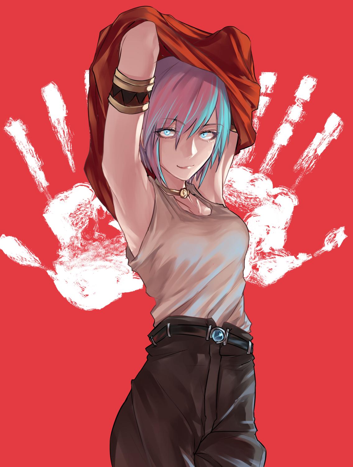 1girl, aqua_hair, armpits, belt, blue_eyes, breasts, choker, closed_mouth