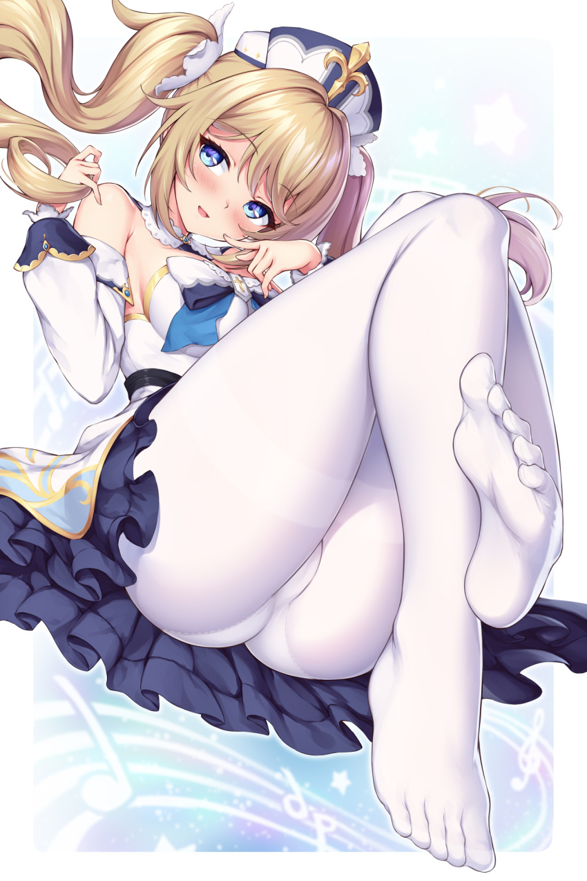 1girl, ass, bangs, barbara_(genshin_impact), blonde_hair, blue_eyes, blush, breasts, commentary, detached_sleeves, dress, english_commentary, eyebrows_visible_through_hair, feet, full_body, genshin_impact, hands_up, hat, highres, ivenglynn, long_hair, long_sleeves, medium_breasts, no_shoes, open_mouth, pantyhose, sidelocks, sitting, smile, soles, solo, strapless, strapless_dress, twintails, white_dress, white_headwear, white_legwear