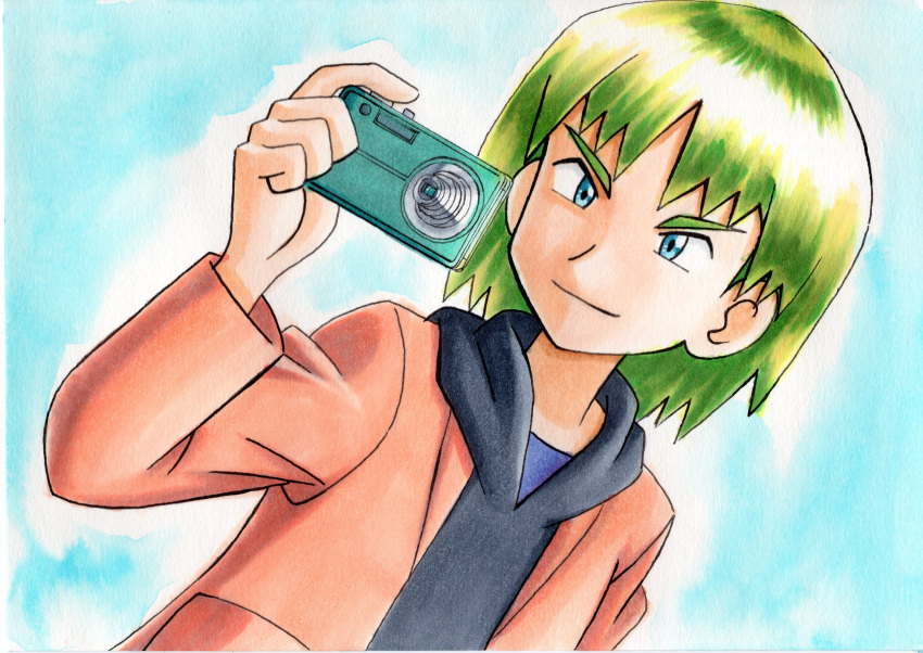 1boy, aqua_background, bangs, black_hoodie, blue_eyes, camera, closed_mouth, commentary_request