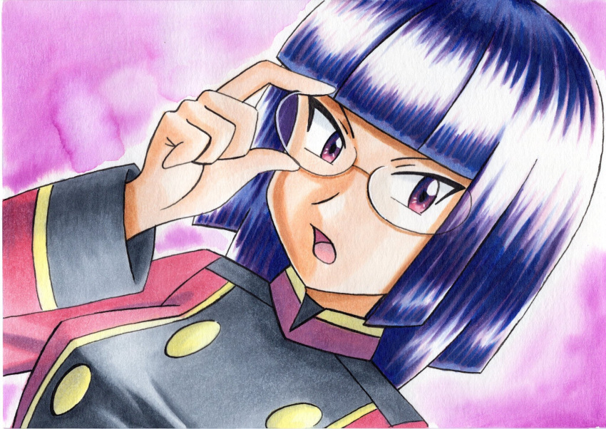 1girl, adjusting_eyewear, bangs, blunt_bangs, breasts, commentary_request, glasses, hand_up