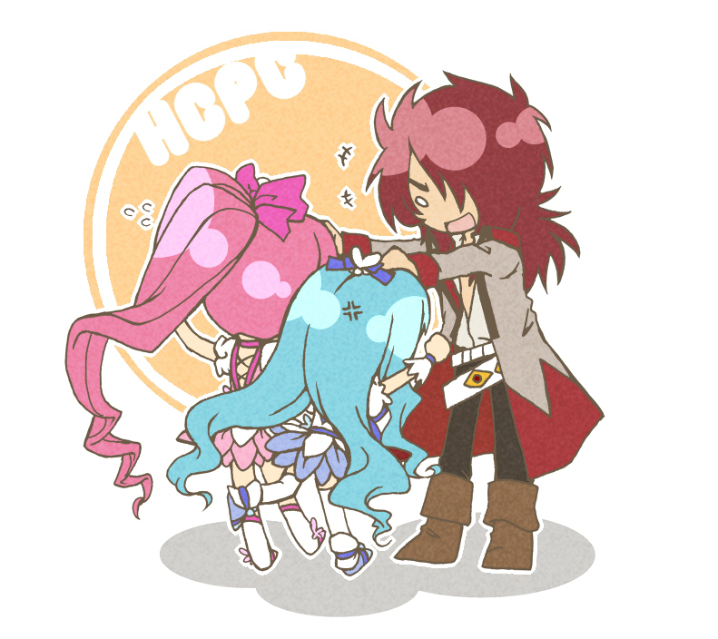 2girls, anger_vein, angry, blue_hair, boots, chibi, cure_blossom, cure_marine