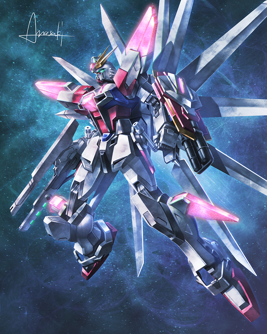 amasaki_yusuke, blue_eyes, build_strike_galaxy_cosmos, clenched_hand, glowing, glowing_eye, gun, gundam