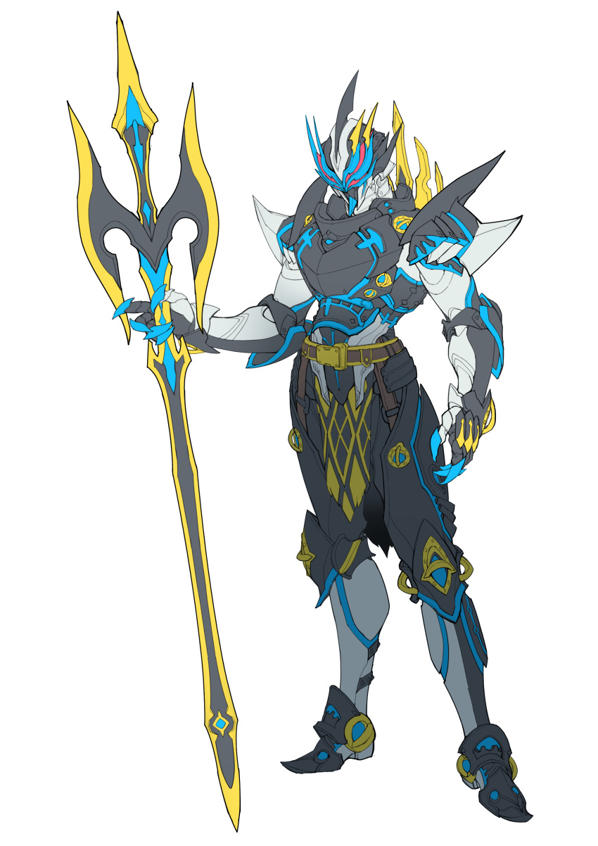1boy, absurdres, armor, catball1994, full_armor, full_body, helmet, highres, holding, holding_lance, holding_polearm, holding_weapon, kamen_rider, kamen_rider_durendal, kamen_rider_saber_(series), knight, lance, looking_down, open_hand, polearm, redesign, solo, standing, tokusatsu, weapon, white_background