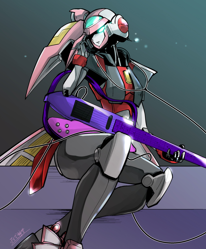 absurdres, blue_eyes, cable, glowing, glowing_eye, highres, holding, holding_instrument