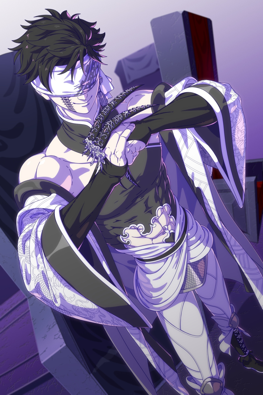 1boy, black_hair, blindfold, highres, ikoka_no.2, male_focus, muscular, muscular_male