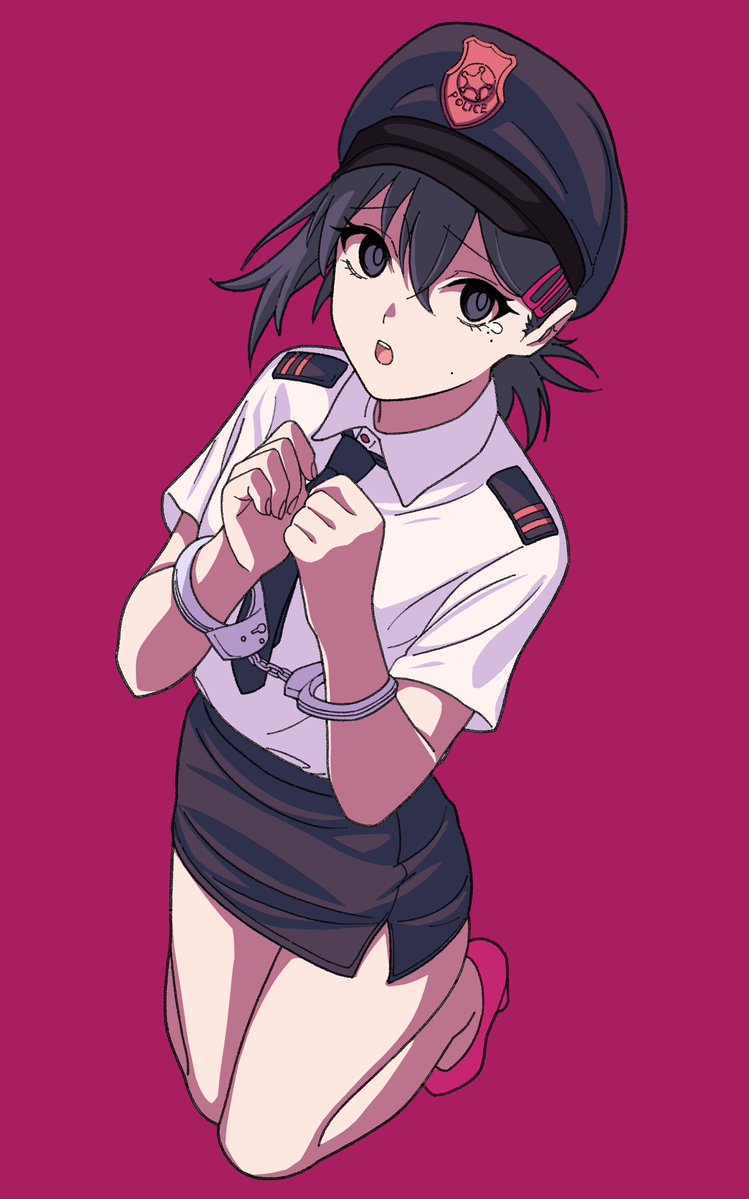 1girl, black_eyes, black_skirt, blonde_hair, chainsaw_man, cuffs, full_body, hair_between_eyes, handcuffs, hat, higashiyama_kobeni, image_sample, kashiwa_(iersansi), kneeling, looking_away, necktie, open_mouth, pink_footwear, police_hat, red_background, shirt, short_ponytail, simple_background, skirt, solo, tears, thigh-highs, twitter_sample, white_shirt