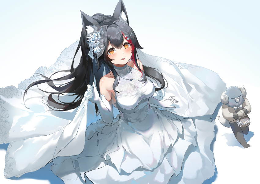 1girl, absurdres, alternate_hairstyle, animal_ears, black_hair, blue_background, blush, breasts, commentary, dress, elbow_gloves, eyebrows_visible_through_hair, flower, from_above, full_body, gloves, gradient, gradient_background, hair_between_eyes, hair_flower, hair_ornament, hairclip, hatotaurus_(ookami_mio), highres, hololive, jewelry, kabedoru, layered_dress, long_hair, looking_at_viewer, medium_breasts, multicolored_hair, necklace, ookami_mio, open_mouth, orange_eyes, ponytail, redhead, sidelocks, simple_background, sleeveless, sleeveless_dress, streaked_hair, two-tone_hair, virtual_youtuber, wedding_dress, white_background, white_dress, white_gloves, wolf_ears