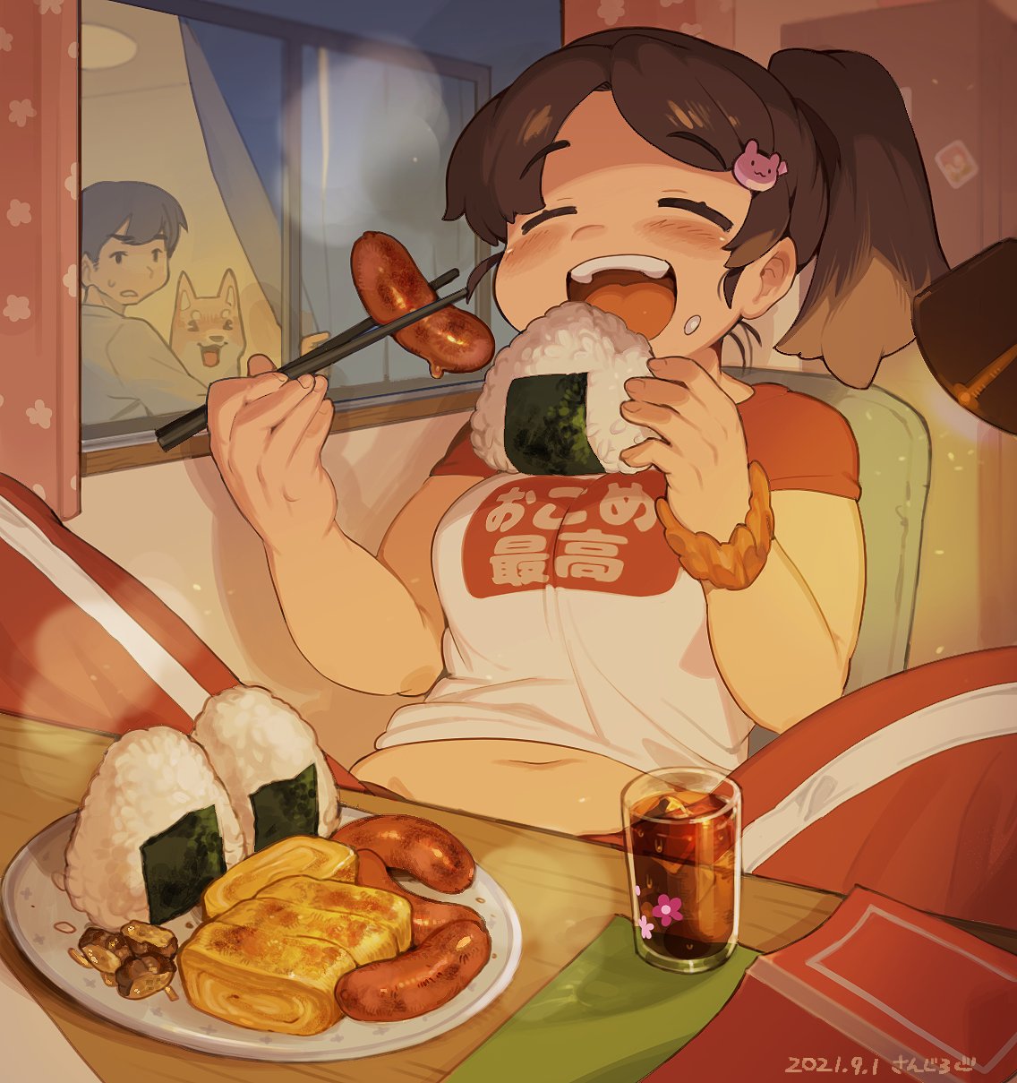 1boy, 1girl, blush, book, brown_hair, chopsticks, closed_eyes, cup