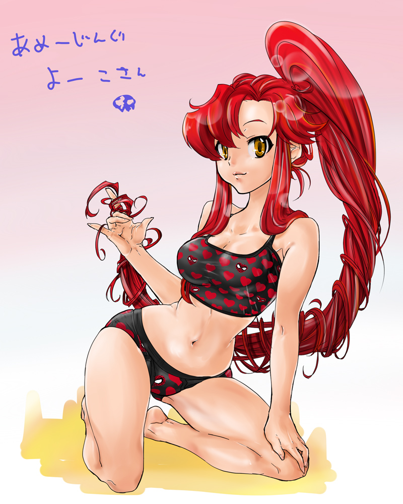 barefoot, bikini, breasts, hair_twirling, hands, kaname_hibana, lips, long_hair, marvel, ponytail, red_hair, redhead, smile, spider-man, swimsuit, tengen_toppa_gurren_lagann, yellow_eyes, yoko_littner