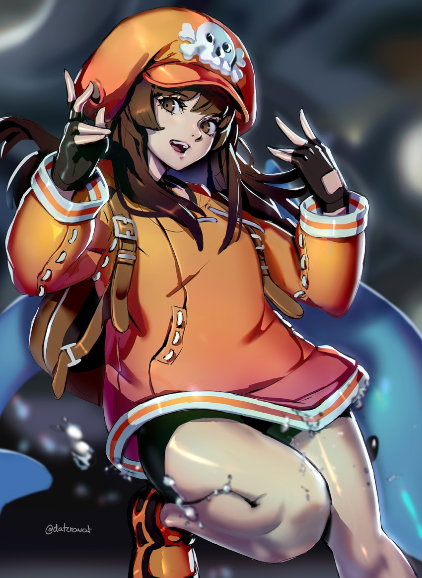 1girl, 1other, :d, backpack, bag, bangs, black_gloves, black_shorts