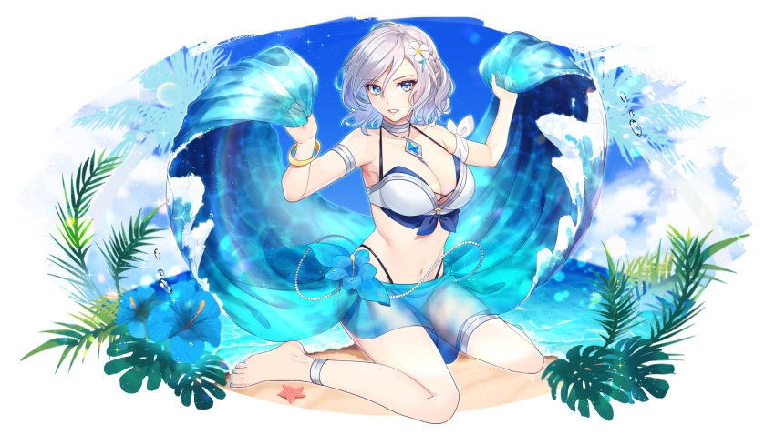 1girl, akashic_chronicle, beach, blue_eyes, bracelet, braid, breasts, eudora_(akashic_chronicle), flower, full_body, hair_between_eyes, hair_flower, hair_ornament, hibiscus, highres, jewelry, large_breasts, looking_at_viewer, ocean, outdoors, peta_(snc7), short_hair, silver_hair, sitting, solo, starfish, swimsuit, wariza, white_background