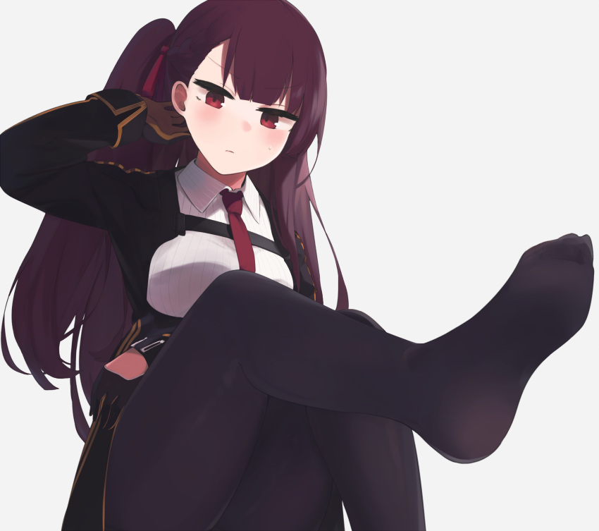 1girl, black_gloves, blush, braid, breasts, closed_mouth, eyebrows_visible_through_hair, feet