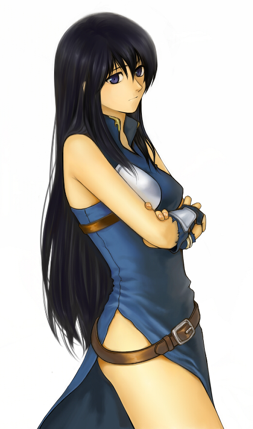 aira, asa321, belt, black_hair, blue_eyes, breastplate, crossed_arms, fingerless_gloves, fire_emblem, fire_emblem:_seisen_no_keifu, fire_emblem_genealogy_of_the_holy_war, gloves, long_hair, no_panties, side_slit, sleeveless, solo