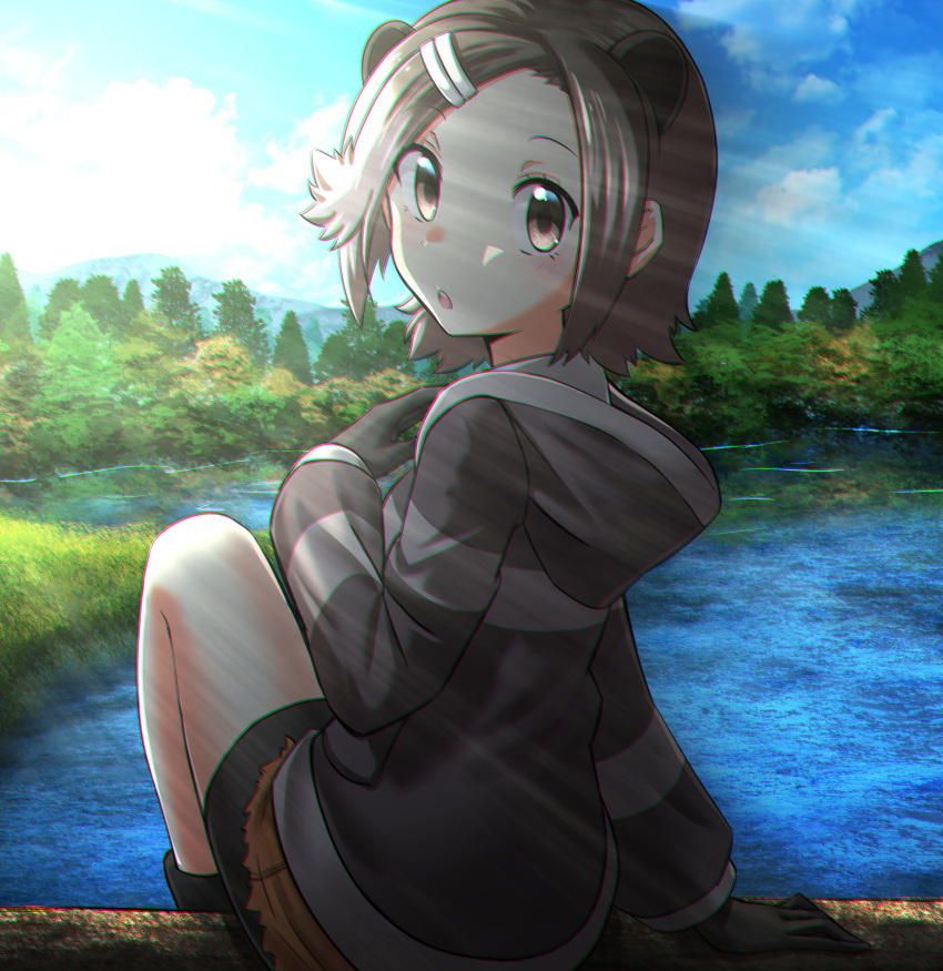 1girl, absurdres, animal_ears, beaver_ears, bike_shorts, bike_shorts_under_shorts, brown_eyes, brown_hair