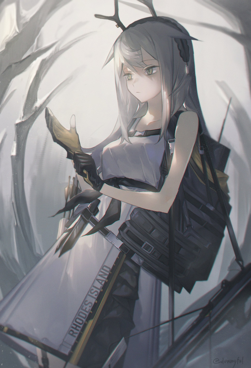 1girl, absurdres, adjusting_clothes, adjusting_gloves, antlers, arknights, bangs, bare_arms