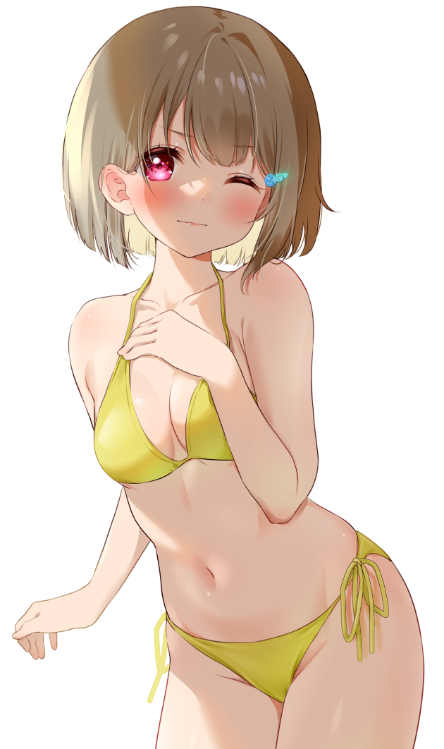 1girl, asymmetrical_hair, bikini, bob_cut, breasts, brown_hair, crescent, crescent_hair_ornament, eyebrows_visible_through_hair, grey_hair, hair_ornament, hairclip, kimachiriku, looking_at_viewer, love_live!, love_live!_nijigasaki_high_school_idol_club, multiple_girls, mutekikyuu_believer, nakasu_kasumi, one_eye_closed, pink_eyes, poppin'_up_(love_live!), red_eyes, short_hair, side-tie_bikini, simple_background, smile, solo, swimsuit, white_background, yellow_bikini