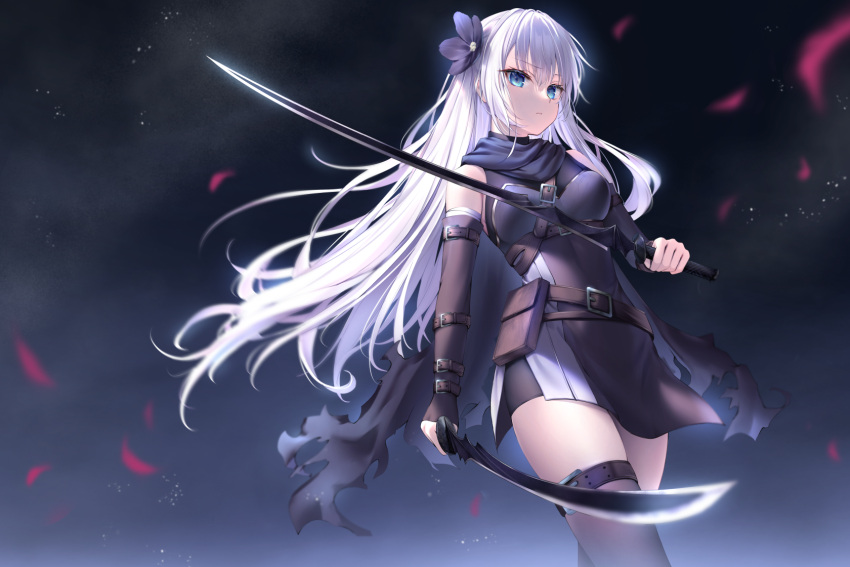 1girl, bangs, black_cape, black_flower, black_gloves, blue_eyes, cape, cowboy_shot