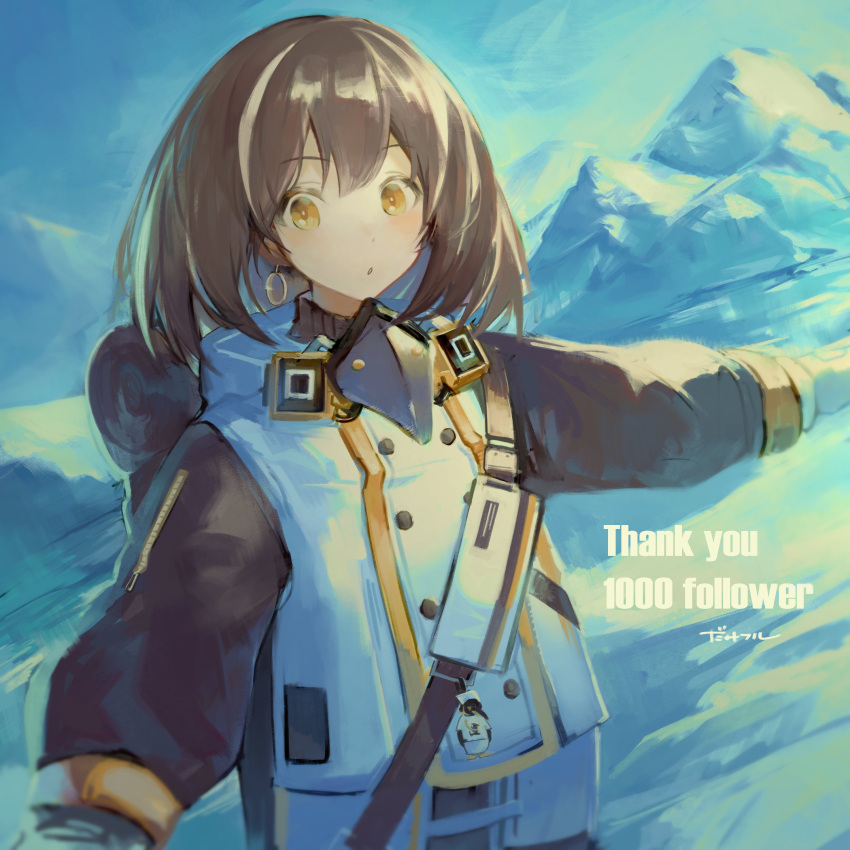 1girl, :o, absurdres, arknights, backpack, bag, black_sleeves, brown_hair
