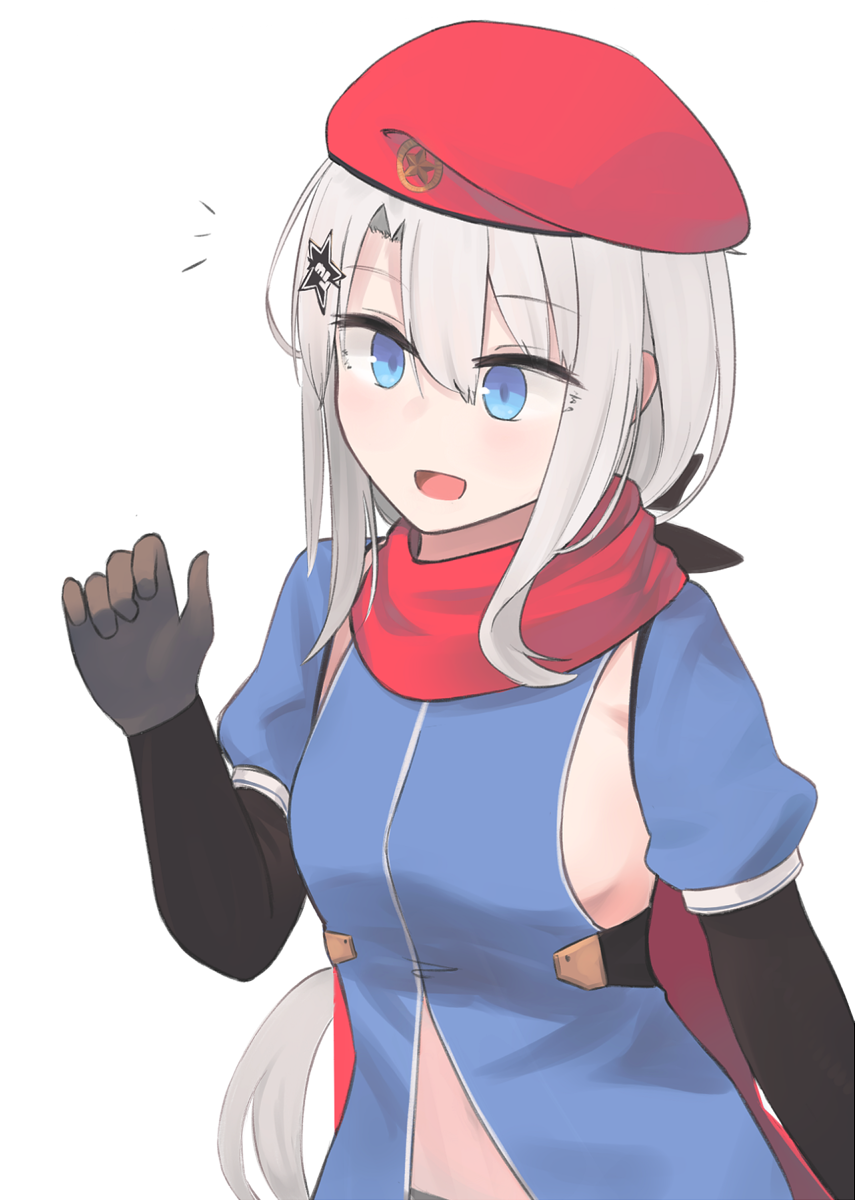 1girl, 9a-91_(girls'_frontline), beret, black_gloves, blue_dress, blue_eyes, breasts, dress