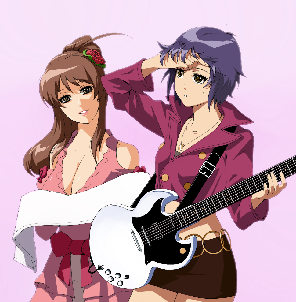 asahina_mikuru, bad_id, breasts, brown_eyes, brown_hair, cleavage, guitar, instrument