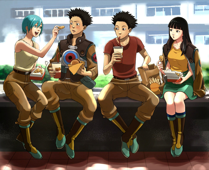 2boys, 2girls, aqua_hair, black_hair, blue_eyes, breasts, food, french_fries, highres, ken_(linda_cube), linda_(linda_cube), linda_cube, long_hair, medium_breasts, multiple_boys, multiple_girls, neku_(linda_cube), open_mouth, qoota, sachiko_(linda_cube), short_hair, sleeveless, smile