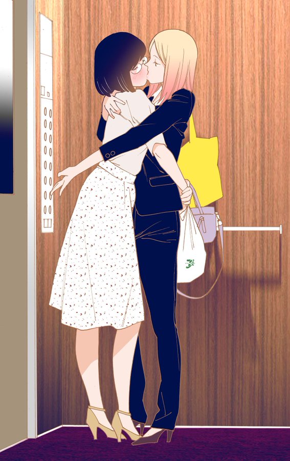 2girls, bag, black_hair, blonde_hair, bob_cut, closed_eyes, elevator, formal