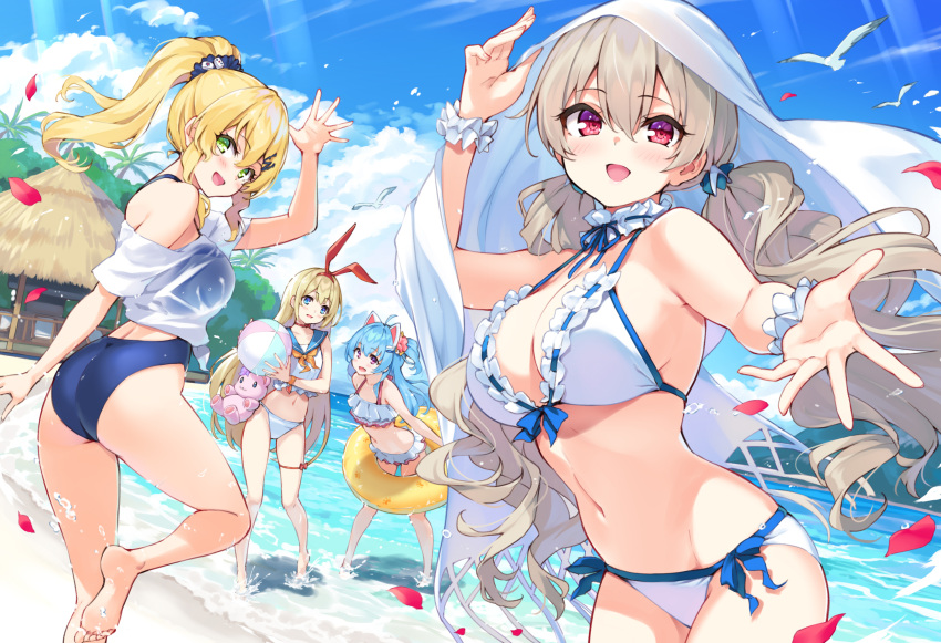 4girls, :d, ball, bare_legs, barefoot, beach, beachball, bikini