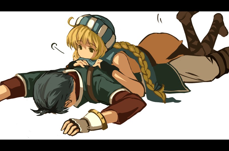 blonde_hair, blue_hair, boots, braid, faceplant, fingerless_gloves, fire_emblem, fire_emblem:_seisen_no_keifu, fire_emblem_genealogy_of_the_holy_war, gloves, hat, lester, lester_(fire_emblem), letterboxed, lying, lying_on_person, on_person, on_stomach, patty_(fire_emblem), ponytail, rueken