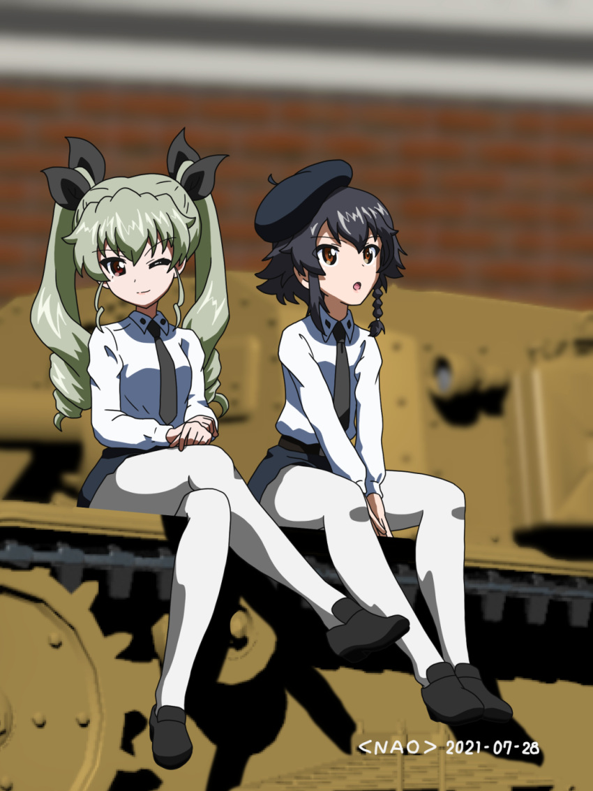 2girls, 3d, 3d_background, :o, ;), anchovy_(girls_und_panzer), anzio_school_uniform, artist_name, bangs, belt, beret, black_belt, black_footwear, black_hair, black_headwear, black_neckwear, black_ribbon, black_skirt, blurry, blurry_background, braid, brown_eyes, closed_mouth, commentary_request, dated, depth_of_field, dress_shirt, drill_hair, eyebrows_visible_through_hair, girls_und_panzer, green_hair, ground_vehicle, hair_ribbon, hat, highres, loafers, long_hair, long_sleeves, looking_at_viewer, looking_to_the_side, military, military_vehicle, miniskirt, mixed_media, motor_vehicle, multiple_girls, naotosi, necktie, on_vehicle, one_eye_closed, open_mouth, pantyhose, pepperoni_(girls_und_panzer), pleated_skirt, ribbon, school_uniform, semovente_75/18, shirt, shoes, short_hair, side_braid, sitting, skirt, smile, tank, tilted_headwear, twin_drills, twintails, v_arms, white_legwear, white_shirt, wing_collar