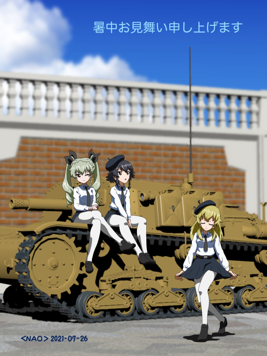 3d, 3d_background, 3girls, ;), anchovy_(girls_und_panzer), anzio_school_uniform, artist_name, bangs